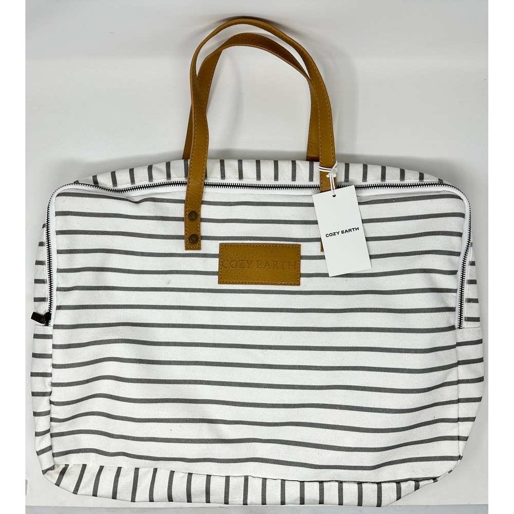 Cozy Earth Driftwood Striped Canvas Tote Bag 18x12.5x3